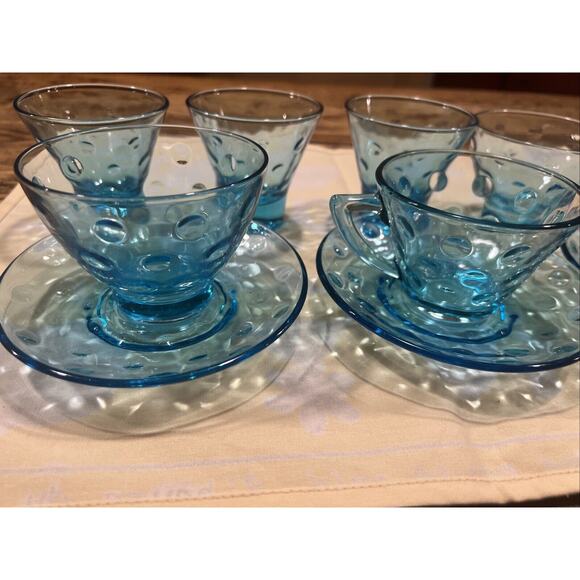 10 Pc 1950s Hazel Atlas Capri Dots Azure Blue Whisky Glasses Cups Saucers Custar - Picture 9 of 15